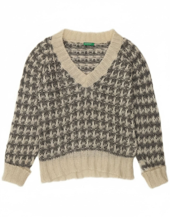 Benetton Damen-Pullover mit V-Ausschnitt, Gr. 14, Mittelgrau mit Hahnentrittmuster
