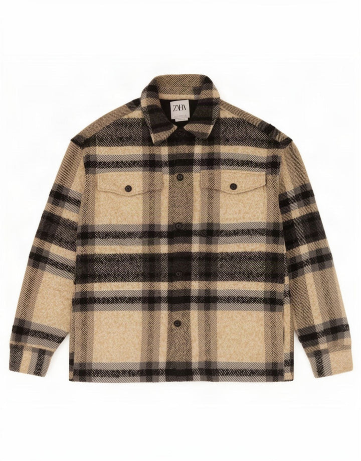 Jaqueta utilitária masculina Zara UK 40 grande poliéster xadrez bege