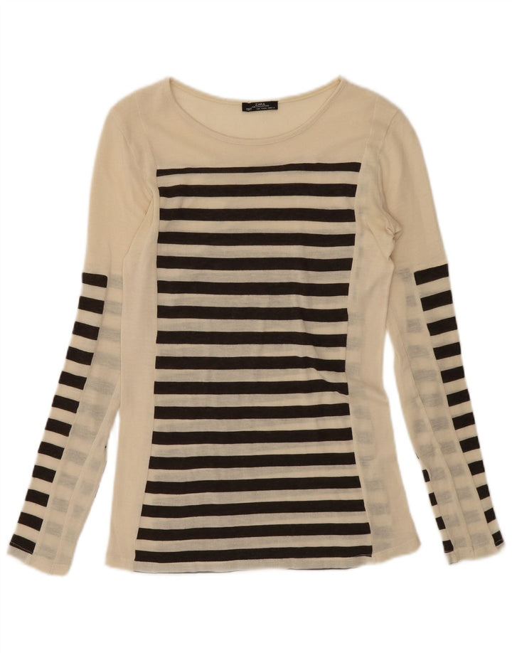 Zara Womens Top Long Sleeve UK 8 Small Beige Striped