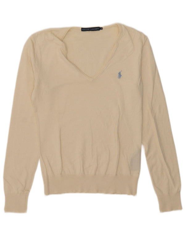 Ralph Lauren Womens V-Neck Jumper Sweater UK 12 Medium Off White Cotton