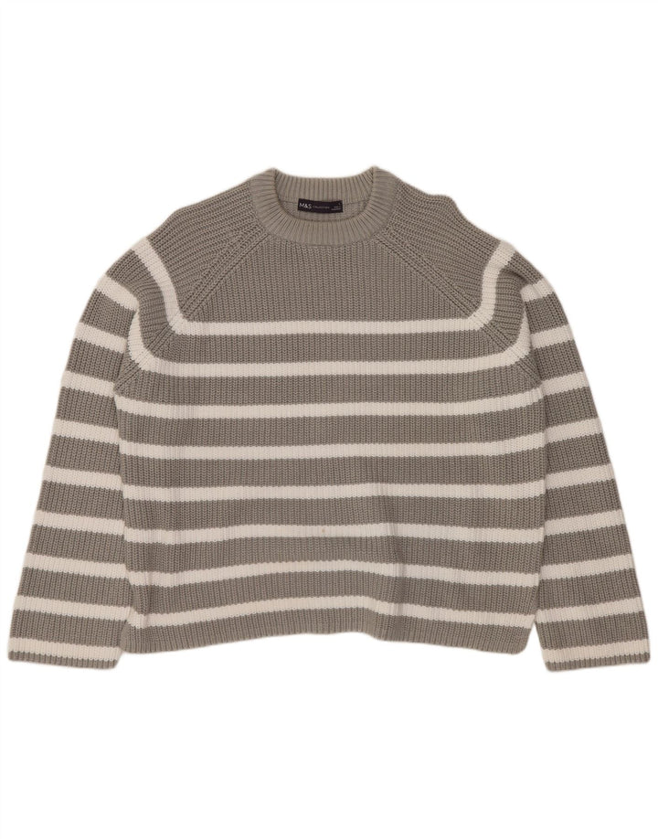 MARKS & SPENCER Womens Crew Neck Jumper Sweater UK 16 Large Grey Striped