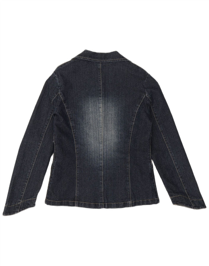 VINTAGE Womens 3 Button Denim Blazer Jacket UK 10 Small Navy Blue Cotton