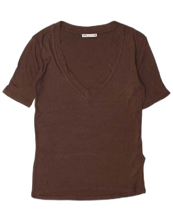 T-shirt Zara da donna Top UK 14 viscosa marrone medio