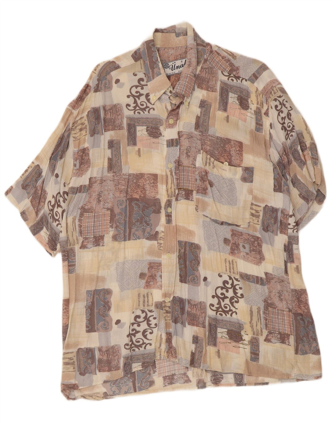 Vintage Mens Short Sleeve Shirt Large Beige Patchwork