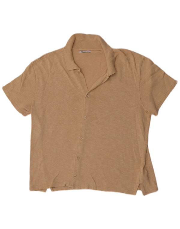 Zara Hombre Camisa Manga Corta Algodón Moteado Beige Medio