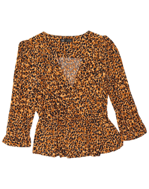 Blusa feminina Zara de manga comprida com estampa animal marrom pequena UK 10