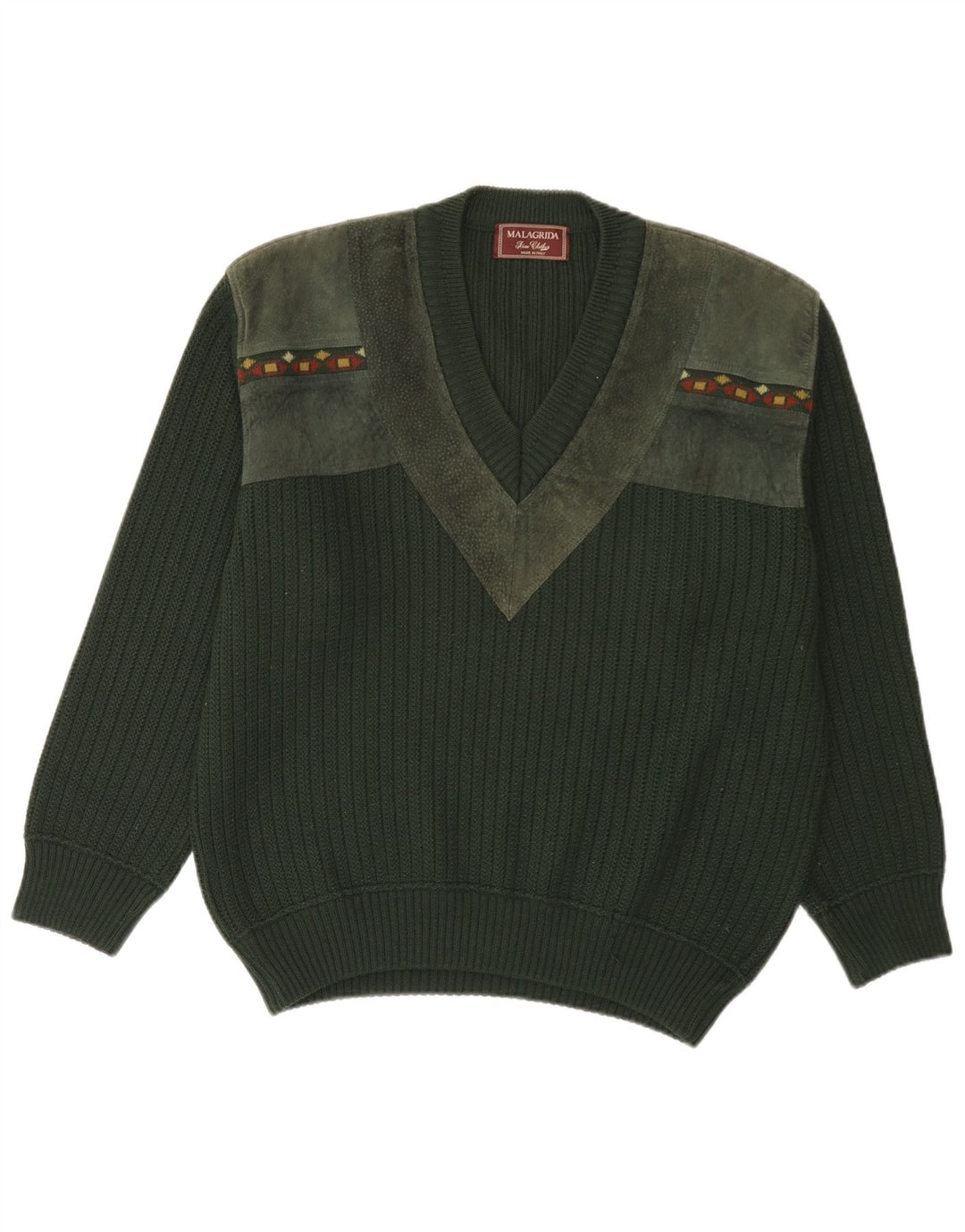 MALAGRIDA Mens V-Neck Jumper Sweater Large Green Geometric Polyacrylic