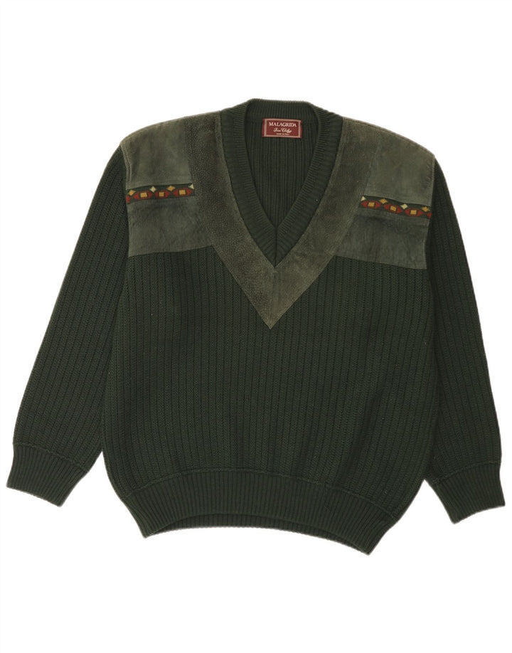 MALAGRIDA Mens V-Neck Jumper Sweater Large Green Geometric Polyacrylic