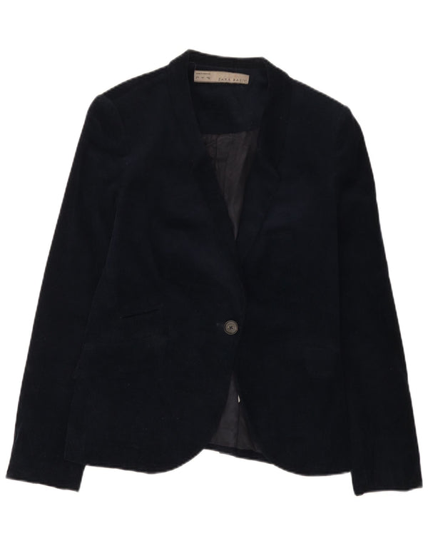 Zara Womens 1 Button Corduroy Blazer Jacket UK 14 Large Navy Blue Cotton
