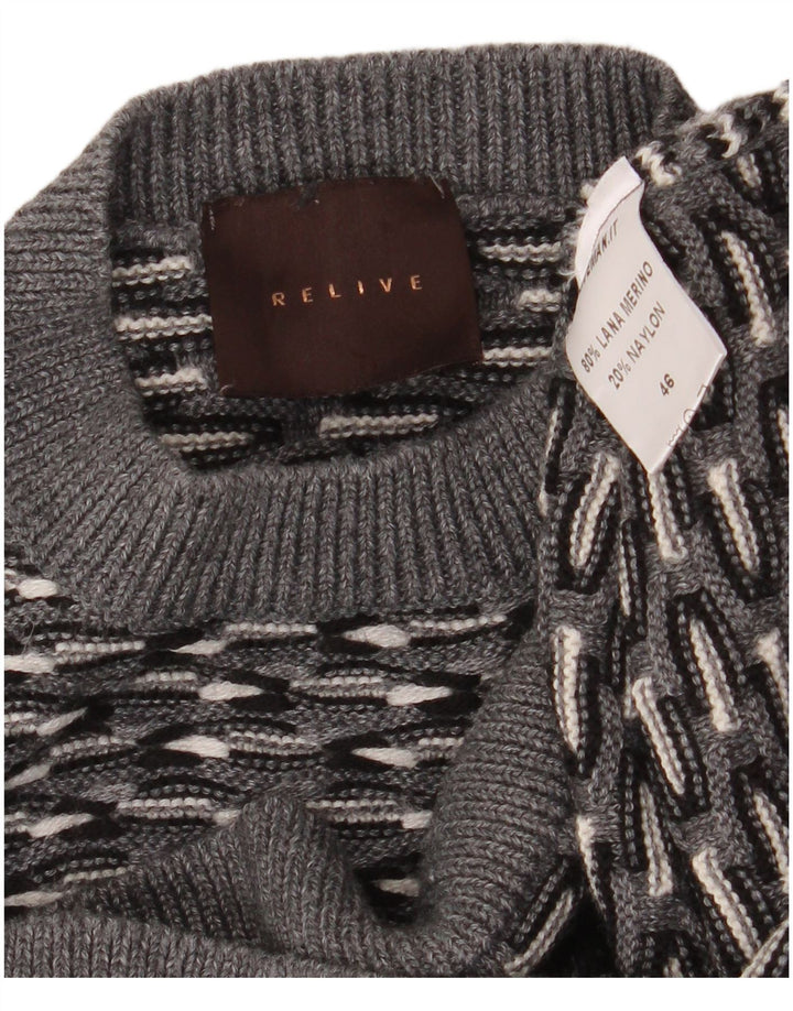 RELIVE   Mens Crew Neck Jumper Sweater IT 46 Small Grey Striped Wool