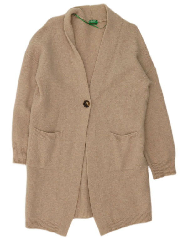 Benetton Damen-Longline-Cardigan-Pullover UK 14 Große beige Wolle
