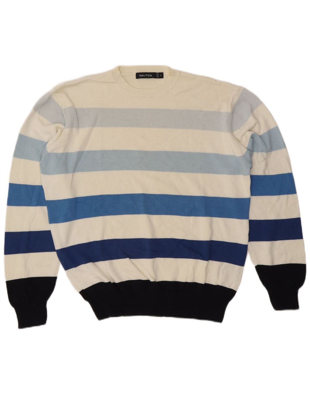 Nautica Mens Crew Neck Jumper Sweater Medium Off White Striped Cotton