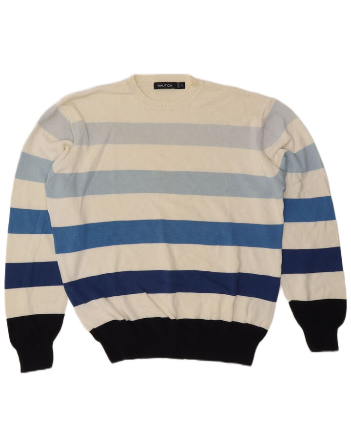 Nautica Mens Crew Neck Jumper Sweater Medium Off White Striped Cotton