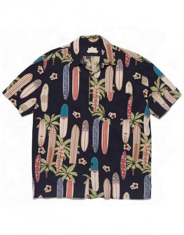 Vintage hombres patrón abstracto camisa de manga corta grande azul marino rayón