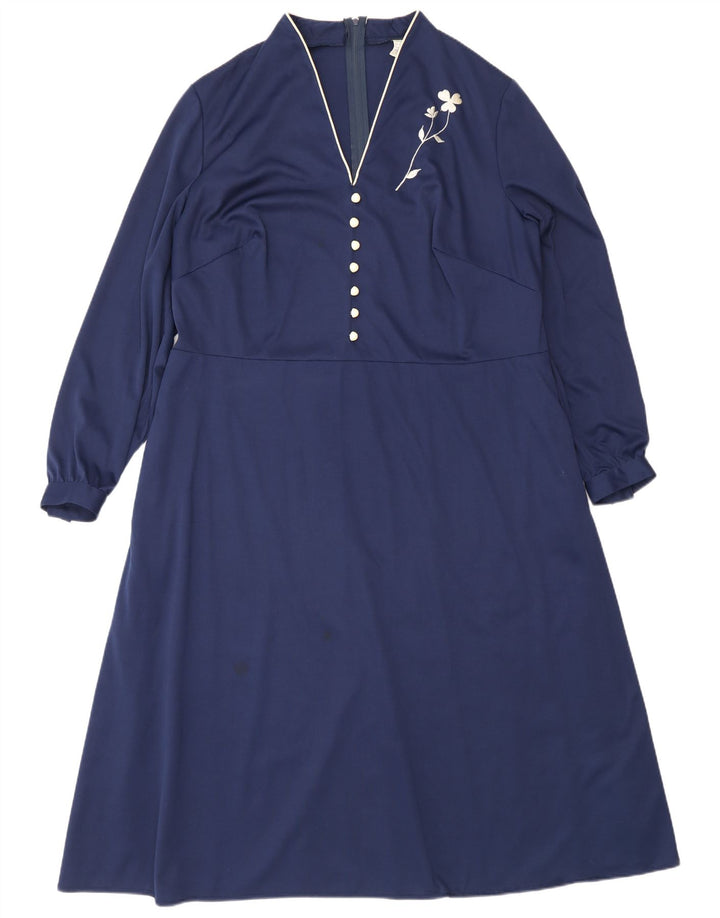 Vintage Womens Long Sleeve Maxi Dress IT 50 XL Navy Blue Polyester