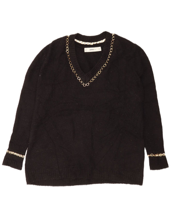 Zara Pull surdimensionné à col en V pour femme UK 10 Petit Acrylique Noir