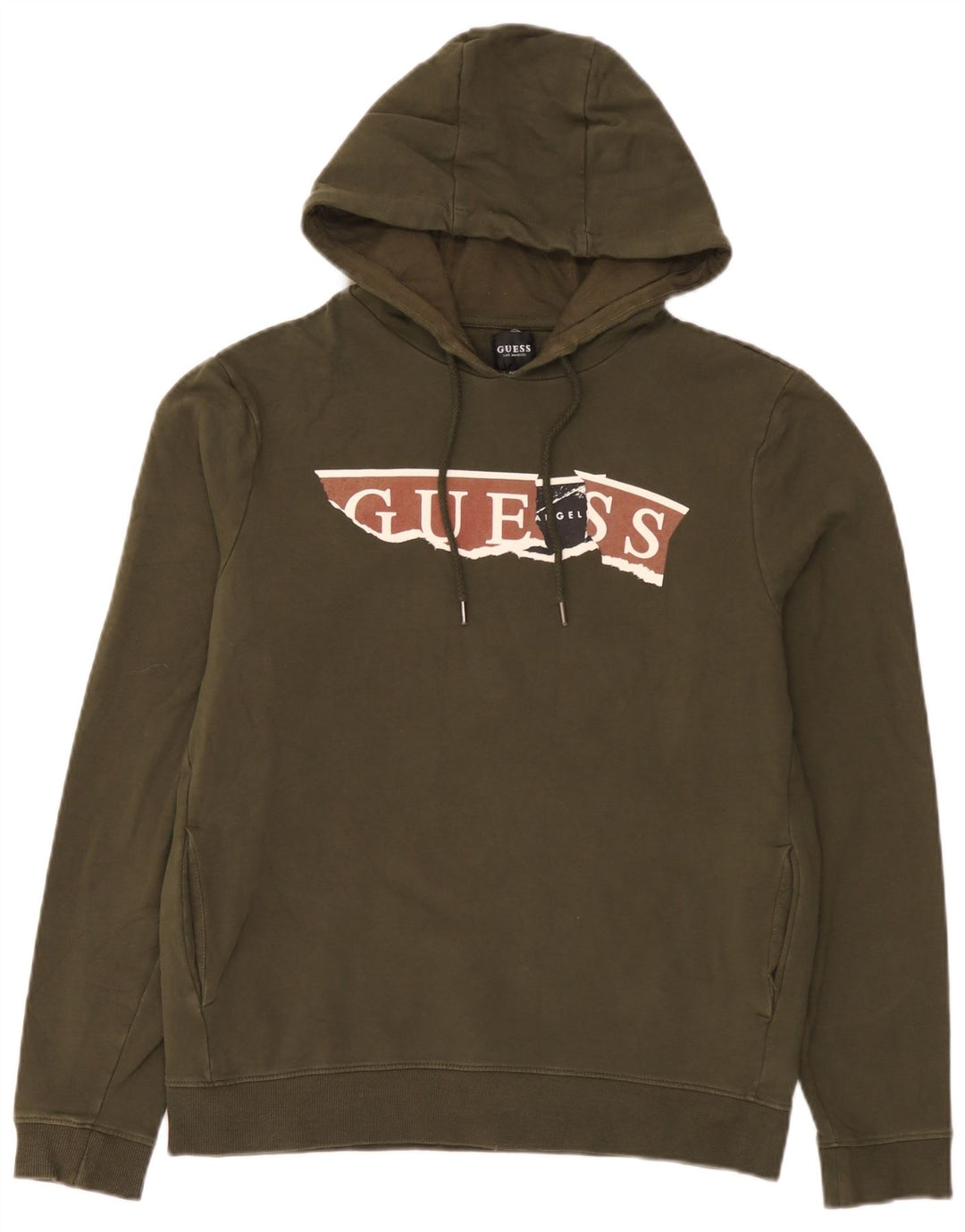 Guess Mens Graphic Hoodie Jumper Medium Khaki Cotton