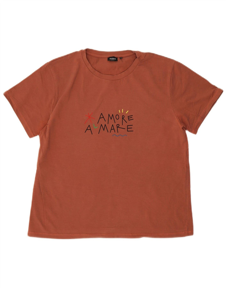 Emme Womens Graphic T-Shirt Top UK 14 Medium Brown Cotton