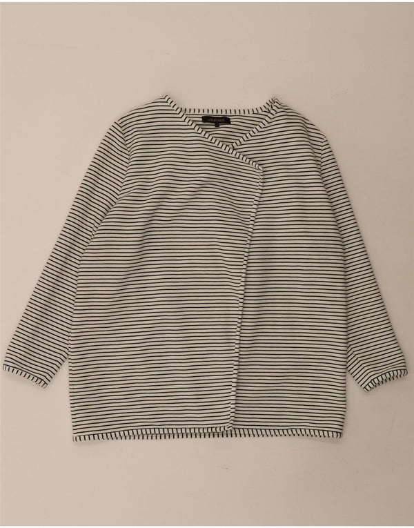 Maglione cardigan aperto da donna Jaeger UK 16 grande cotone a righe bianche