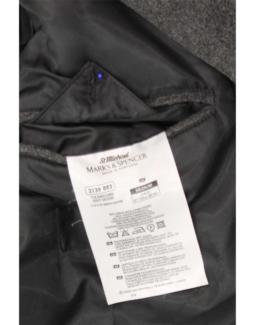 Marks & Spencer Herre Double Breasted Coat UK 38 Medium Grey Virgin Wool