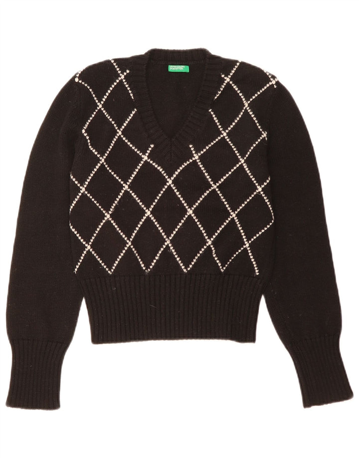 Benetton Dame V-hals sweater UK 12 Medium Black Argyle/Diamond