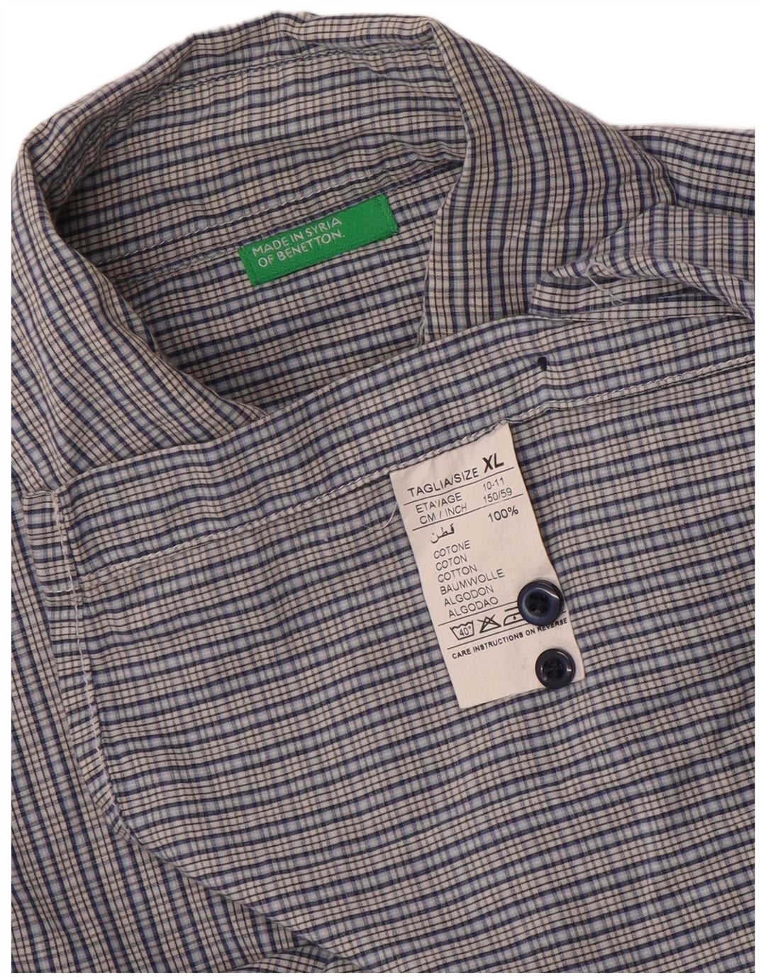 Benetton Boys Shirt 10-11 Years XL Blue Gingham Cotton