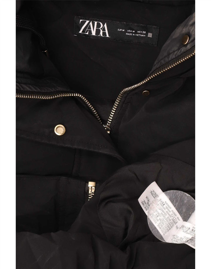 Casaco acolchoado com capuz feminino Zara UK 14 poliéster preto médio