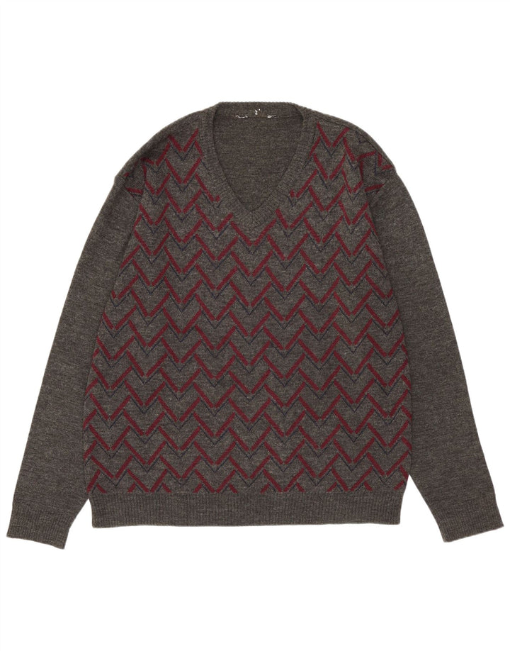 Vintage Mens V-Neck Jumper Sweater Medium Grey Argyle/Diamond Acrylic