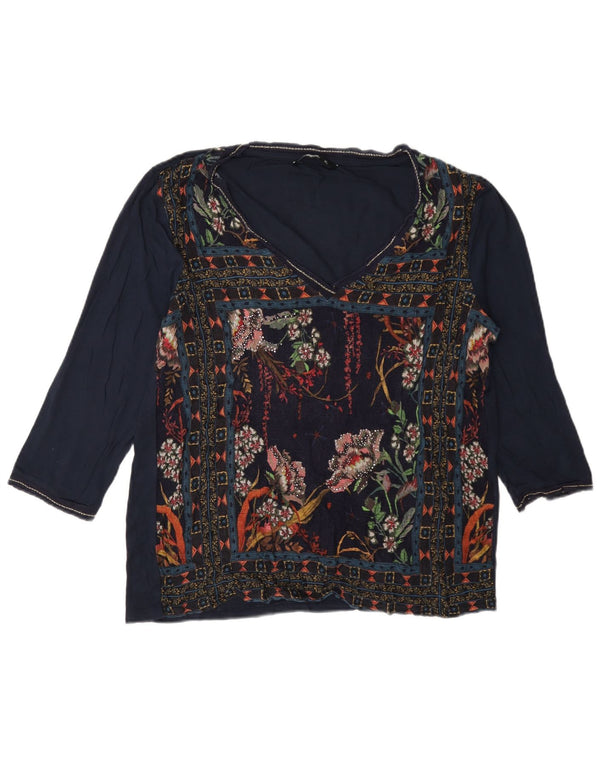 Desigual Donna Graphic Top Manica 3/4 UK 18 XL Blu Navy Floreale
