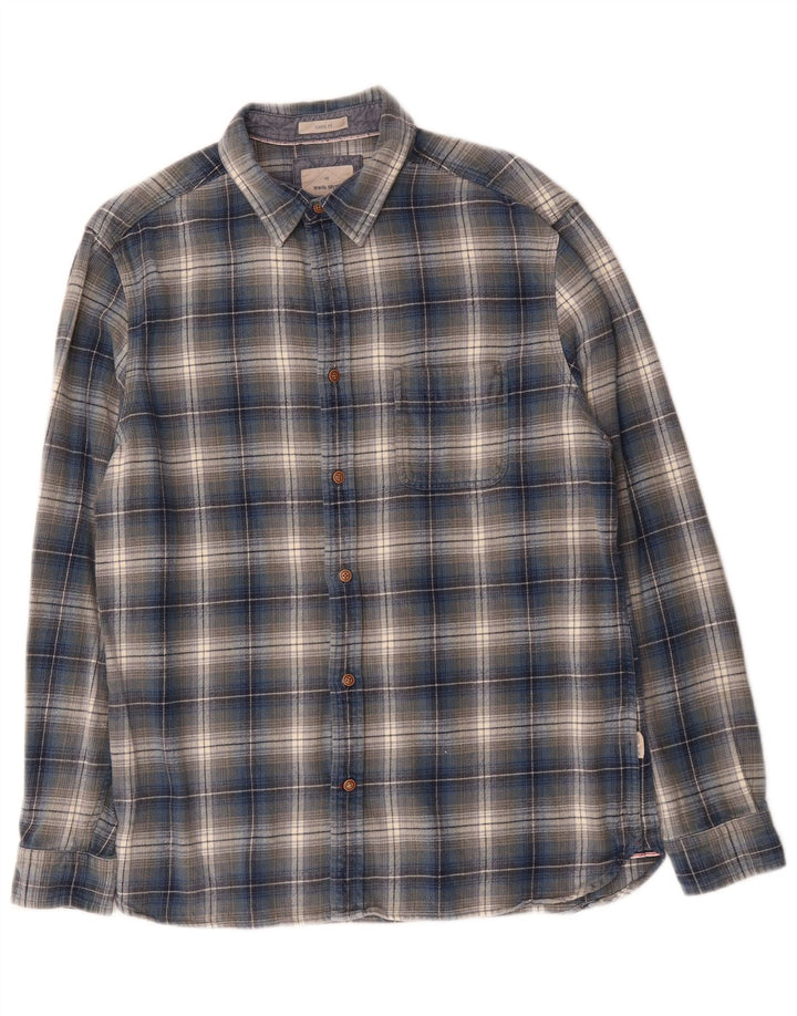Camisa masculina de flanela clássica de material branco algodão xadrez azul médio