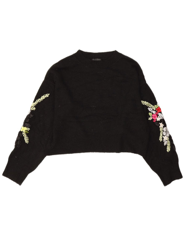 Topshop Womens Crop Boat Neck Jumper Sweater UK 10 Small Black Floral