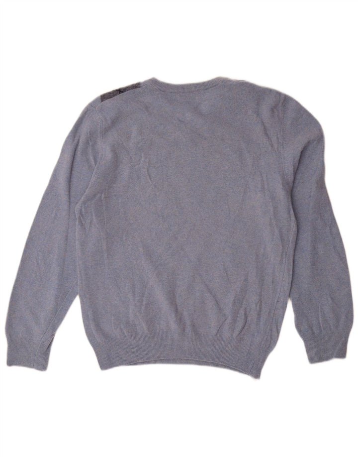 Matteo Volpi Womens V-Neck Jumper Sweater UK 12 Medium Blue Argyle/Diamond
