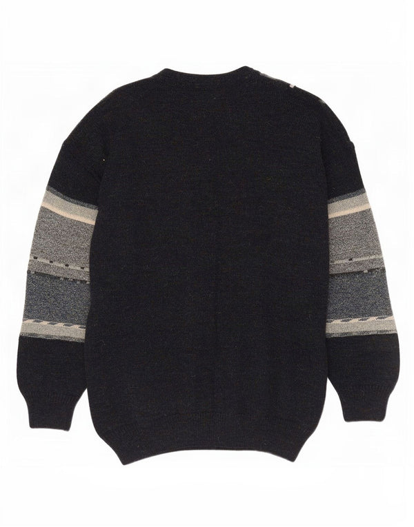 Vintage Mens Crew Neck Jumper Sweater Medium Navy Blue Colourblock Acrylic