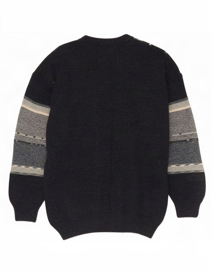 Vintage Mens Crew Neck Jumper Sweater Medium Navy Blue Colourblock Acrylic