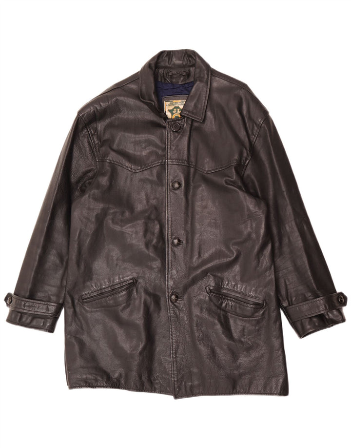 Vintage Mens Loose Fit Leather Coat UK 38 Medium Black Leather
