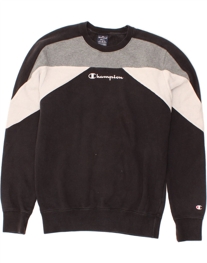 CHAMPION Mens Graphic Sweatshirt Jumper Small Black Colourblock Cotton Vintage Champion and Second-Hand Champion from Messina Hembry 