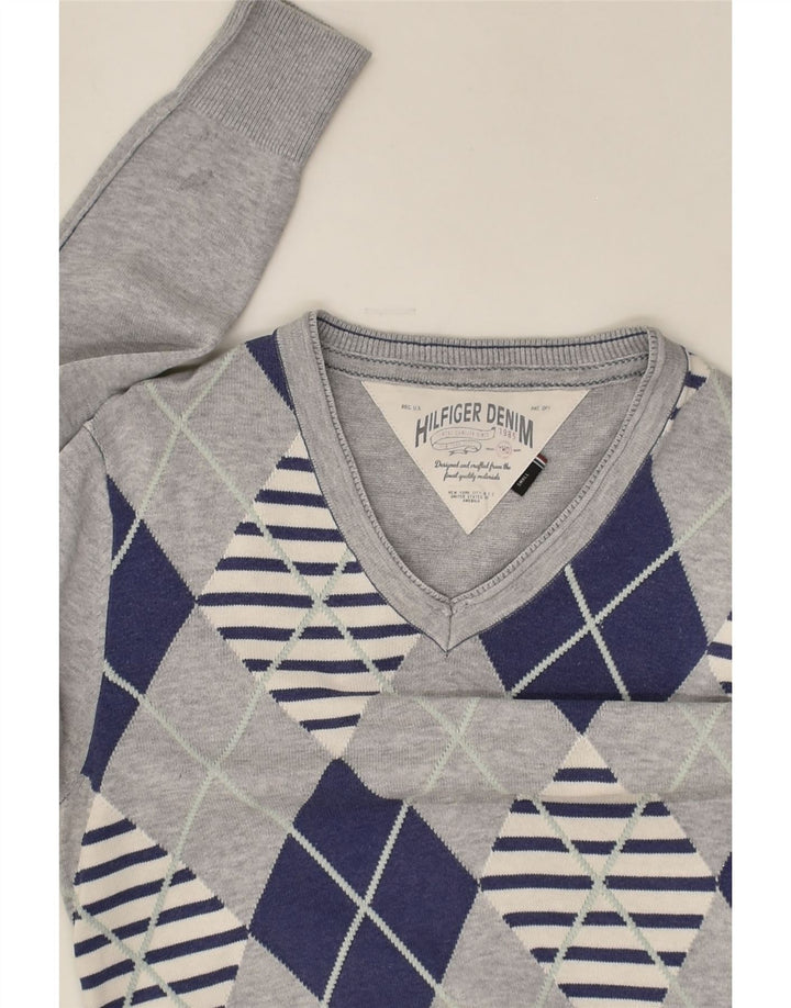 TOMMY HILFIGER Mens V-Neck Jumper Sweater Small Grey Argyle/Diamond Cotton | Vintage Tommy Hilfiger | Thrift | Second-Hand Tommy Hilfiger | Used Clothing | Messina Hembry 