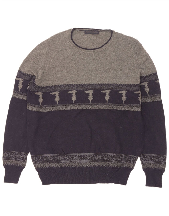 Trussardi Mens Boat Neck Jumper Sweater Medium Navy Blue Colourblock