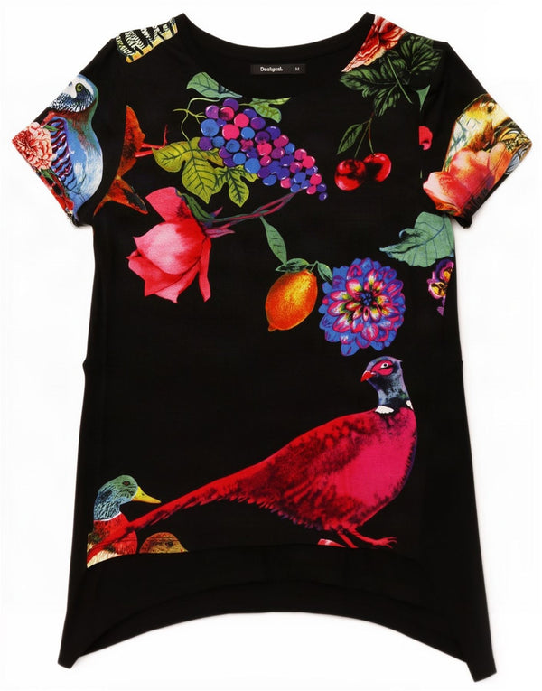 Desigual Donna Peacocks Graphic Tunica Top UK 12 Medio Nero Floreale