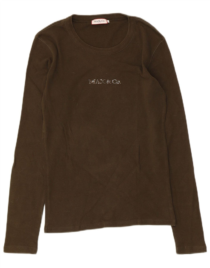 Max & Co. Womens Graphic Top Long Sleeve UK 8 Small Khaki Cotton
