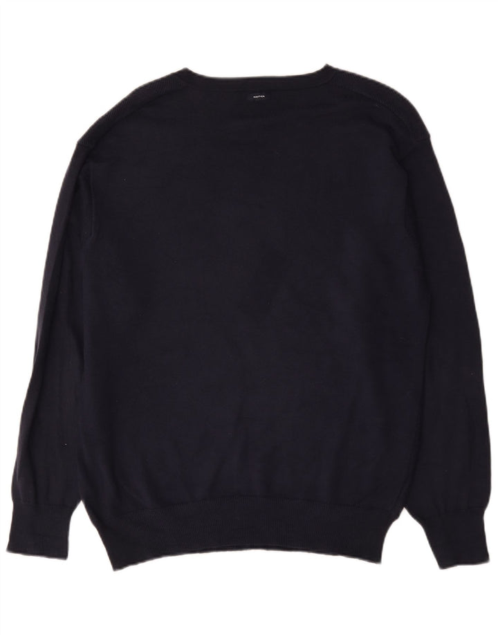 Nautica Mens V-Neck Jumper Sweater Medium Navy Blue Cotton