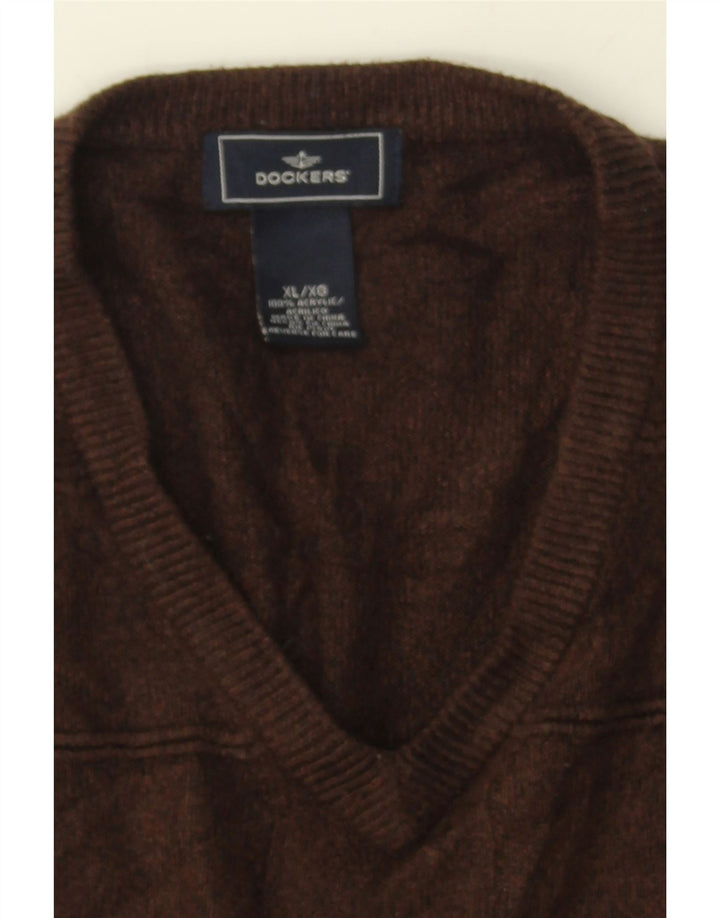 DOCKERS Mens V-Neck Jumper Sweater XL Brown Striped Acrylic Vintage Dockers and Second-Hand Dockers from Messina Hembry 