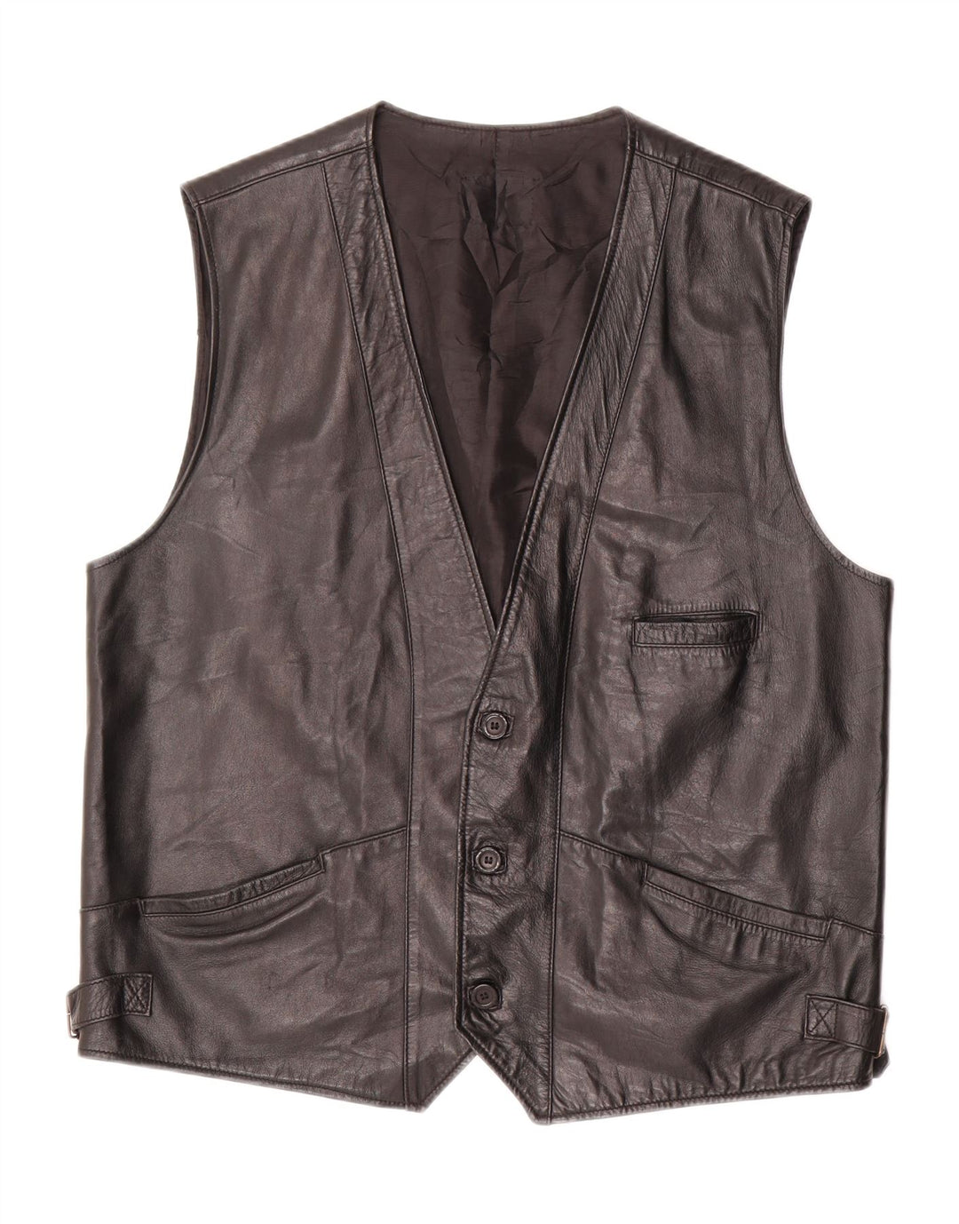VINTAGE Mens Leather Gilet UK 40 Large Black Leather