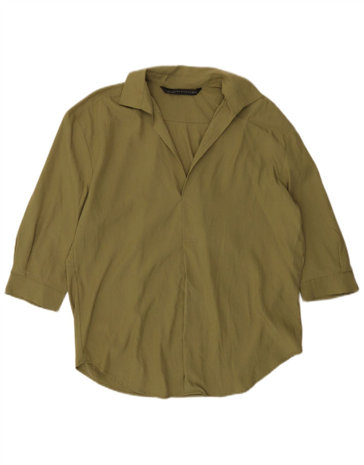 Zara Womens 3/4 Sleeve Oversized Pullover Shirt UK 6 XS Khaki Lyocell