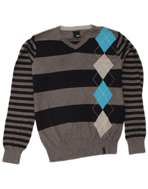 Jack & Jones Mens V-Neck Jumper Sweater Medium Grey Argyle/Diamond Cotton