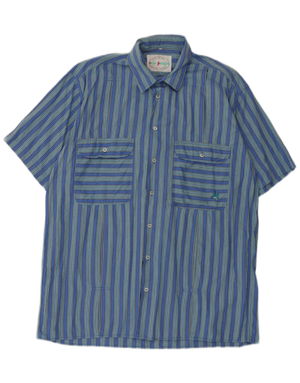 Camicia vintage da uomo a maniche corte in cotone a righe blu grandi