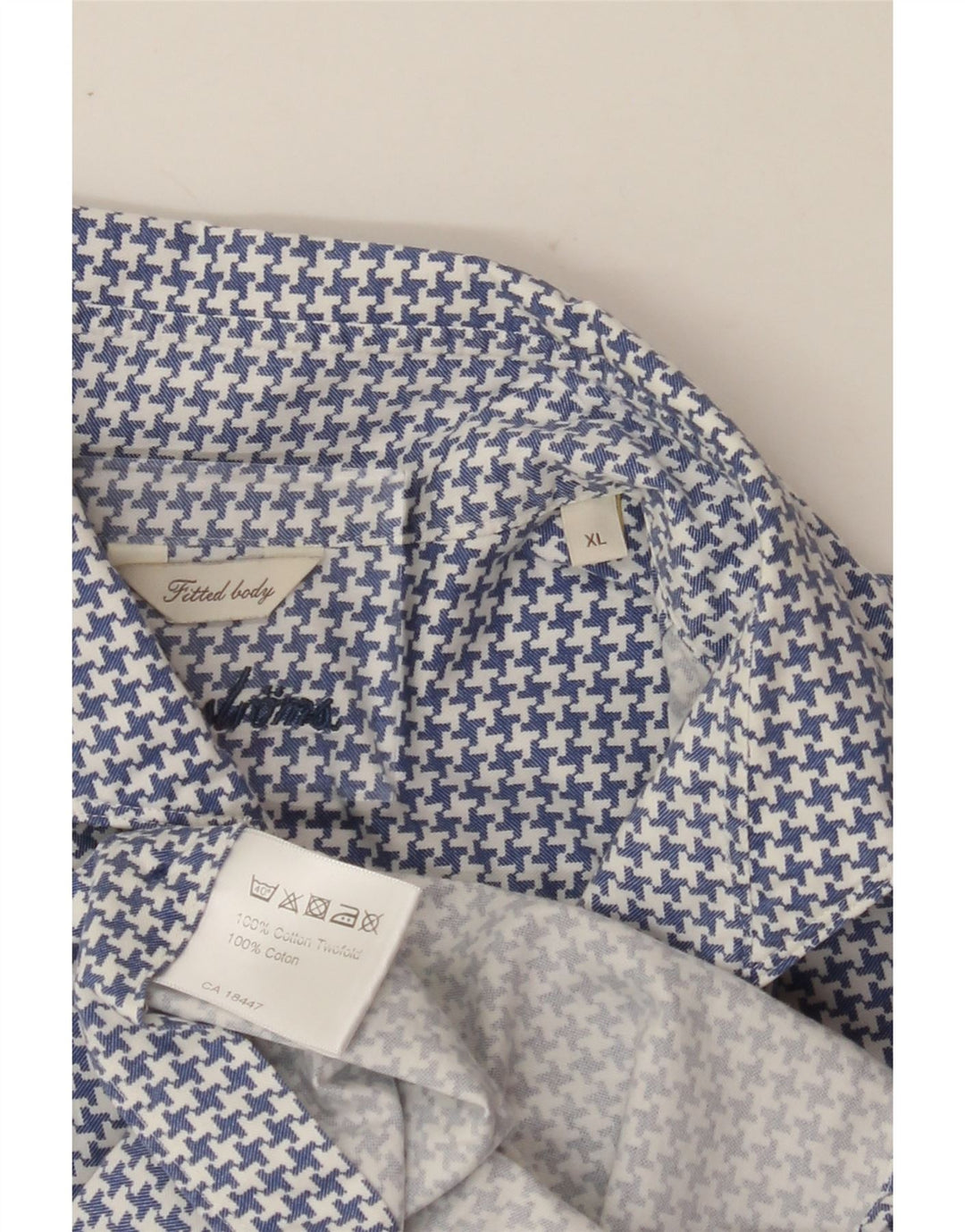 VINTAGE Mens Fitted Shirt XL Blue Houndstooth Cotton Vintage Vintage and Second-Hand Vintage from Messina Hembry 