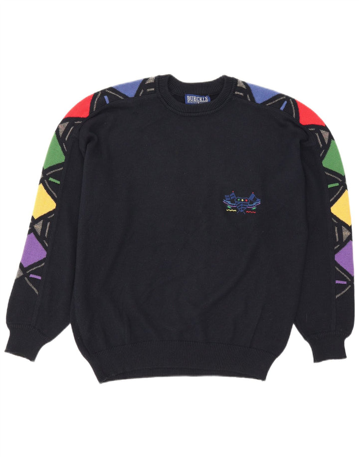 Bueckle Mens Crew Neck Jumper Sweater IT 48 Medium Navy Blue Geometric