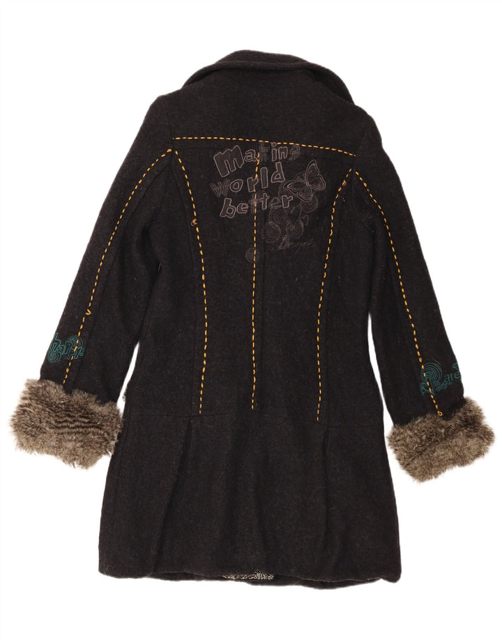 Desigual Womens Graphic Double Breasted Coat EU 40 Medium Black Floral
