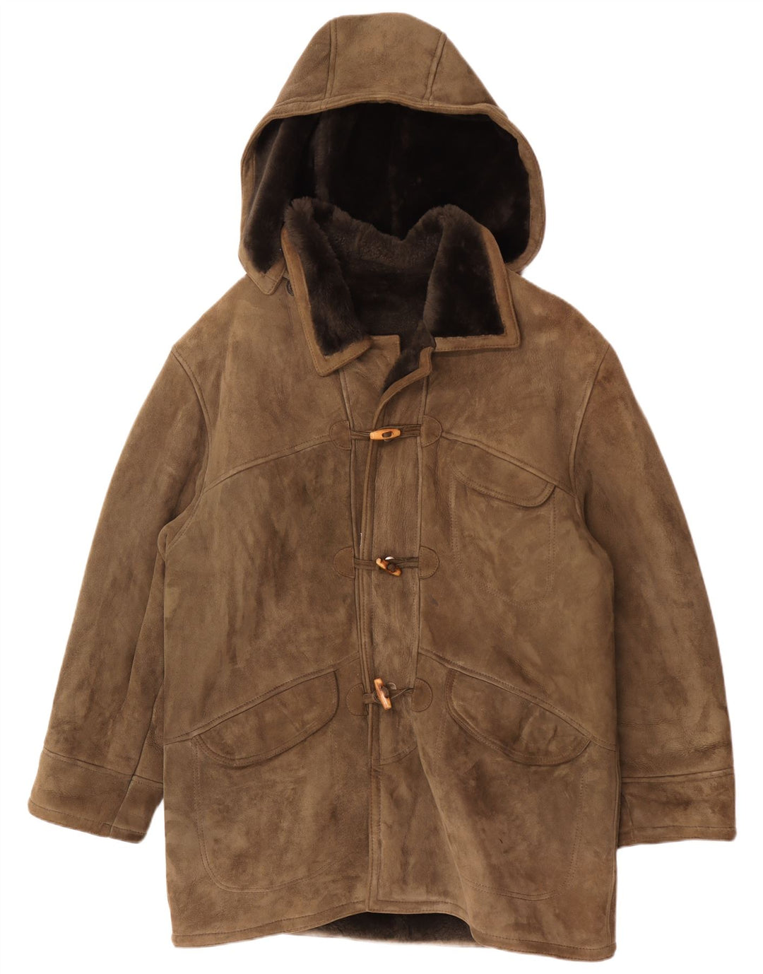 Vintage Mens Hooded Shearling Coat IT 54 2XL Khaki